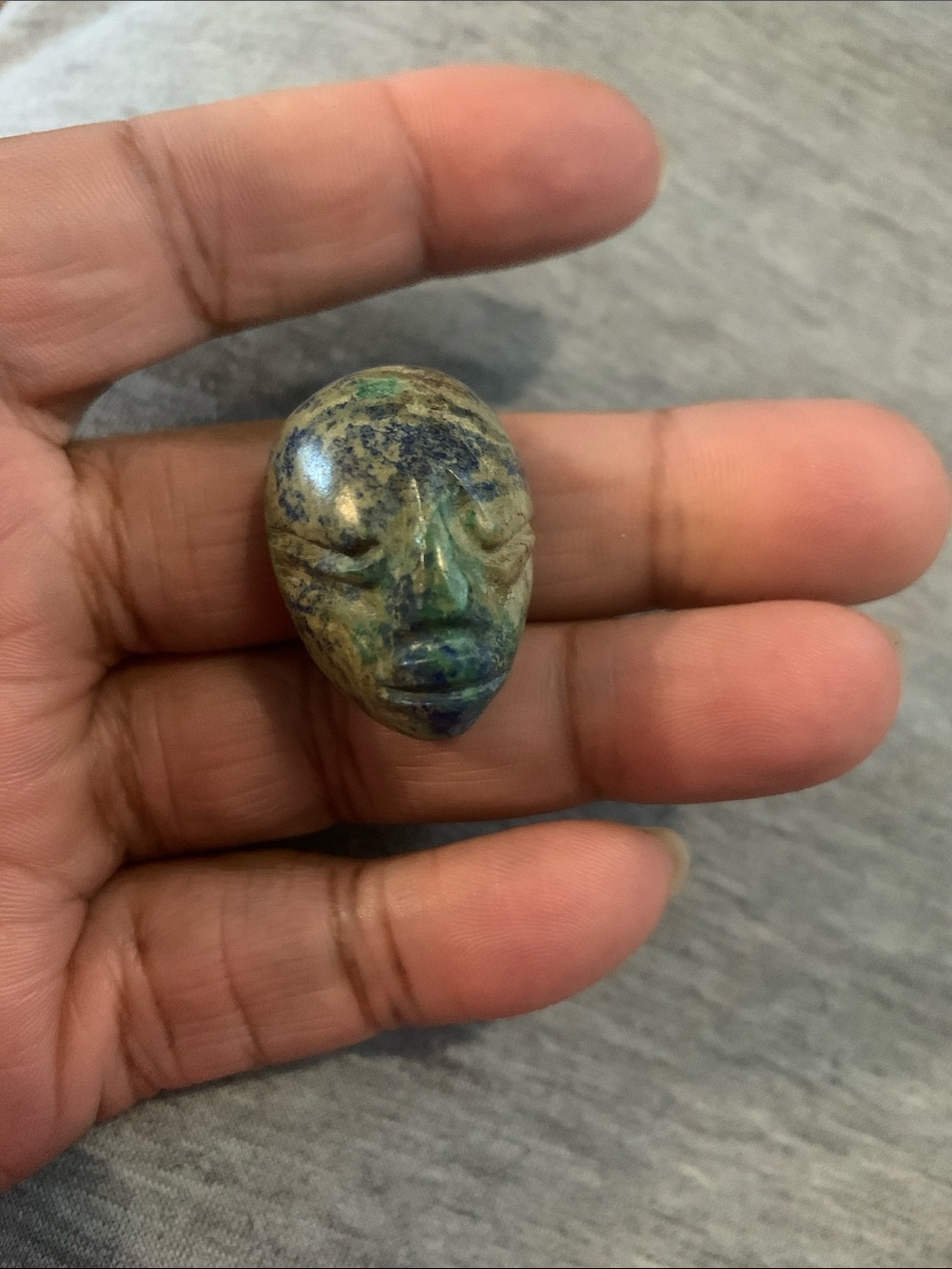 Vintage Hand-Carved Azurite-Malachite Stone Face Pendant - Women Jewelry